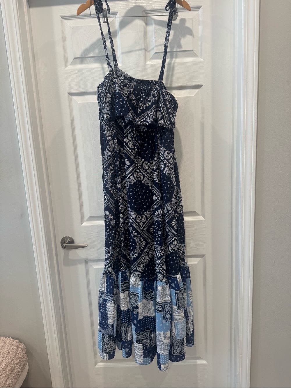 Navy Bandana-Print Maxi Sundress with Adjustable Ties